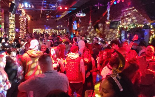 A crowd of people dance to music under house lights at Chameleon nightclub.