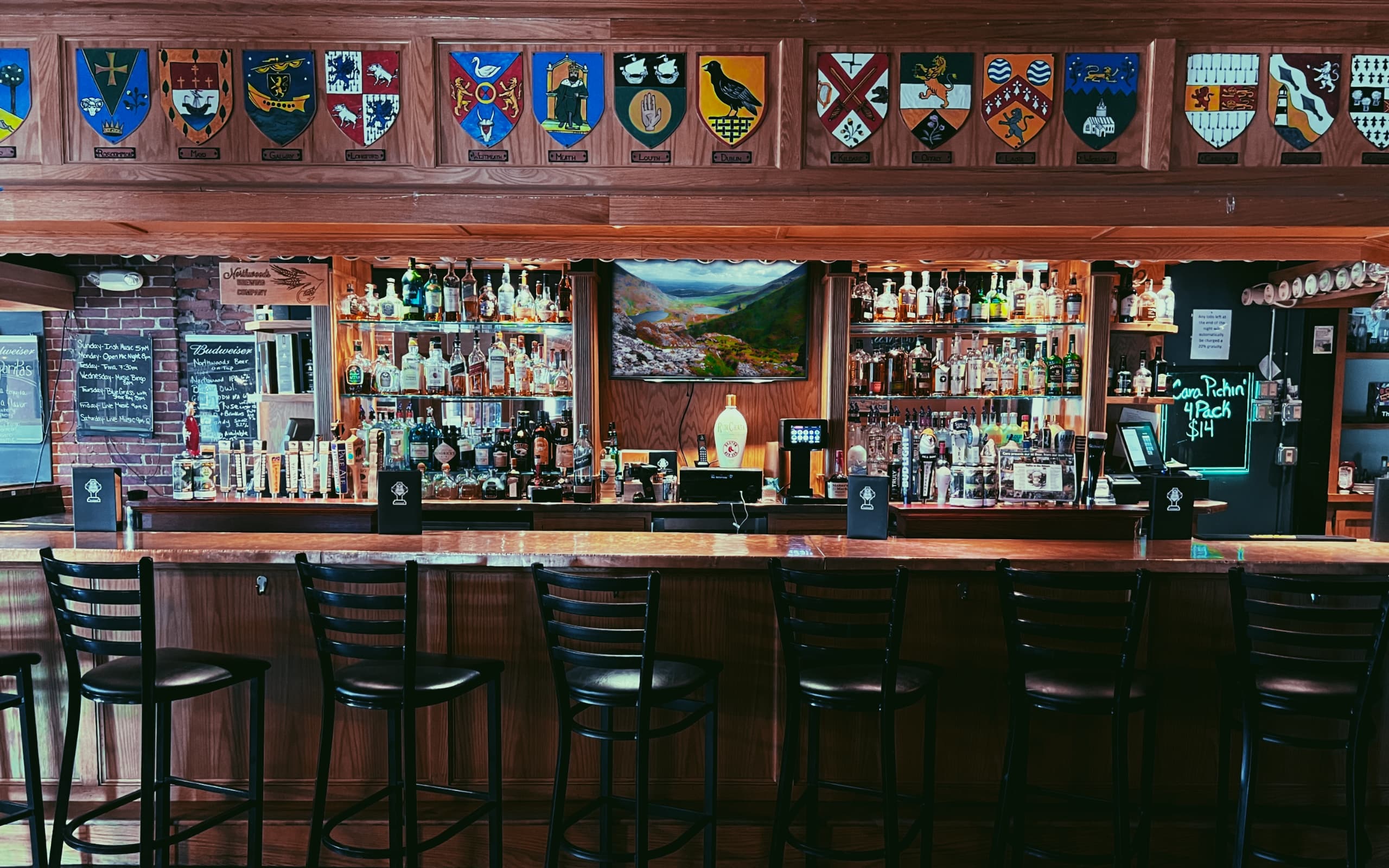 Front view of Cara Irish Pub bar and seating area.